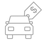 Simple line drawing of a car with a price tag containing a dollar sign attached to the roof, reflecting an Asset Valuations Group concept of car sale or purchase.