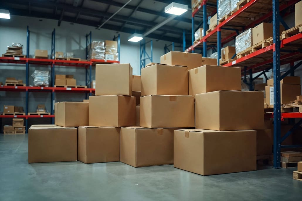 A warehouse interior with stacks of large cardboard boxes on the floor and shelves filled with more boxes in the background—perfect for a Stocktake Brisbane operation. The space is well-lit with overhead lights.
