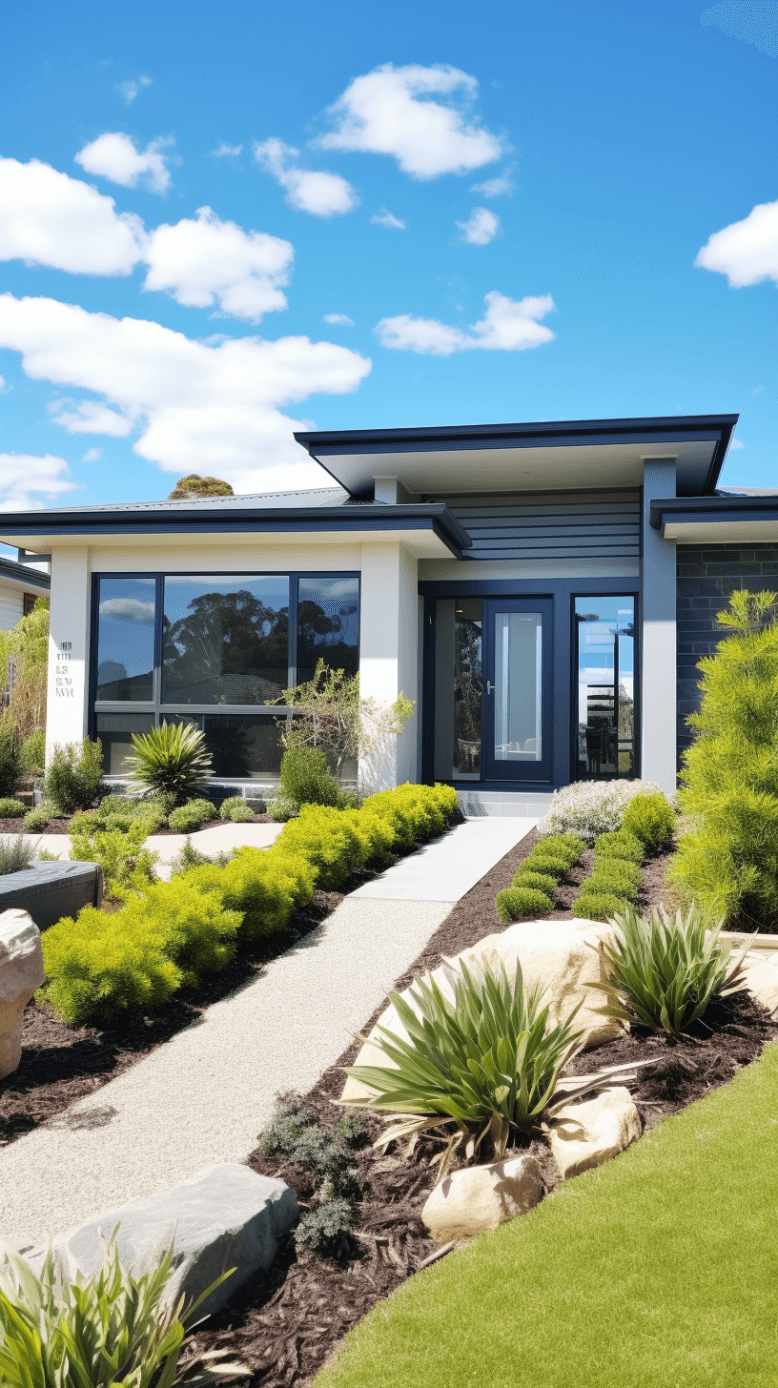 A modern single-story house with large windows, dark blue and white exterior, and a landscaped front yard—ideal for those considering Property Valuations Toowoomba—featuring green shrubs, rocks, and a stone walkway under a blue sky.