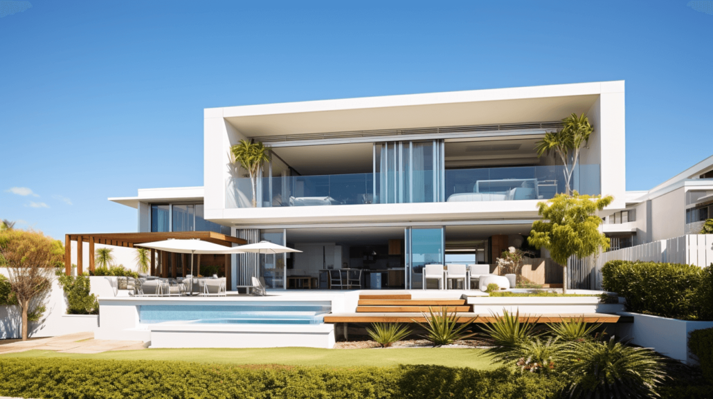 A modern two-story house with large glass windows, outdoor seating areas, a swimming pool, and landscaped garden awaits under a clear blue sky—perfect for those seeking premier living or expert Property Valuations Toowoomba.