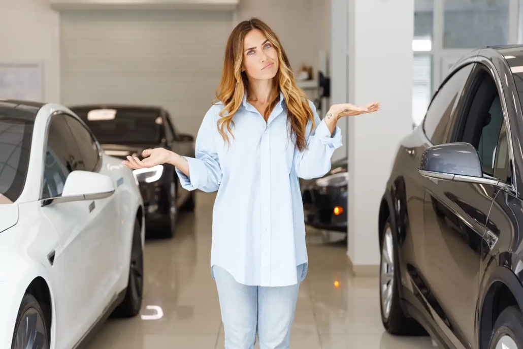 A woman stands between two cars in a showroom, shrugging with raised hands and an uncertain expression, suggesting she’s unsure which vehicle is best after checking Used Car Valuations Brisbane.