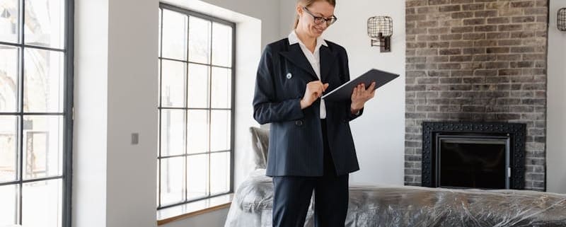Real estate agent in a suit reviewing paperwork inside a newly renovated home.