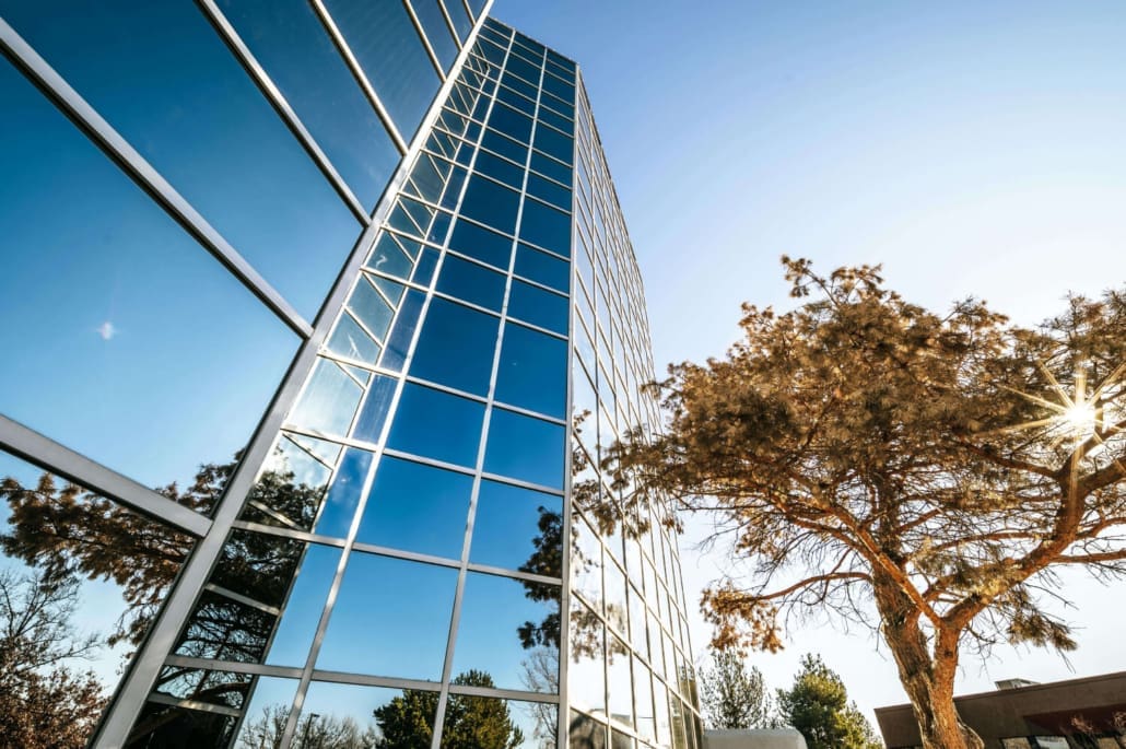 A modern glass office building reflects the blue sky and nearby trees, including a large tree with sunlight shining through its branches—a perfect example for Commercial Building CGT Valuations on a clear day.