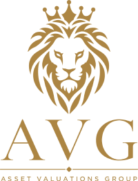 Gold stylized lion head with a crown above the letters "AVG" and the words "Asset Valuations Group" written below, all on a light background.
