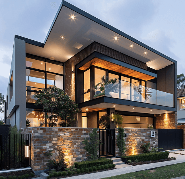 Modern two-story house with large glass windows, warm exterior lighting, brick and black accents, a balcony with plants, and a low brick wall lining the front garden at dusk—ideal for accurate Residential Property Valuations Online.
