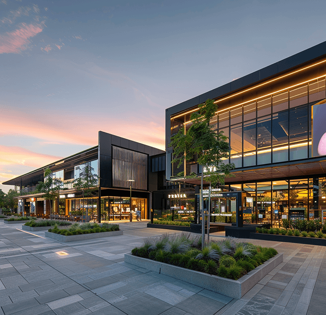 Modern outdoor shopping center at sunset, featuring sleek glass-fronted buildings and illuminated signs. Landscaped walkways and storefronts with warm lighting evoke a calm atmosphere, ideal for Residential Property Valuations in the area.